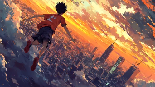 Boy soars above a glowing city skyline at blazing sunset