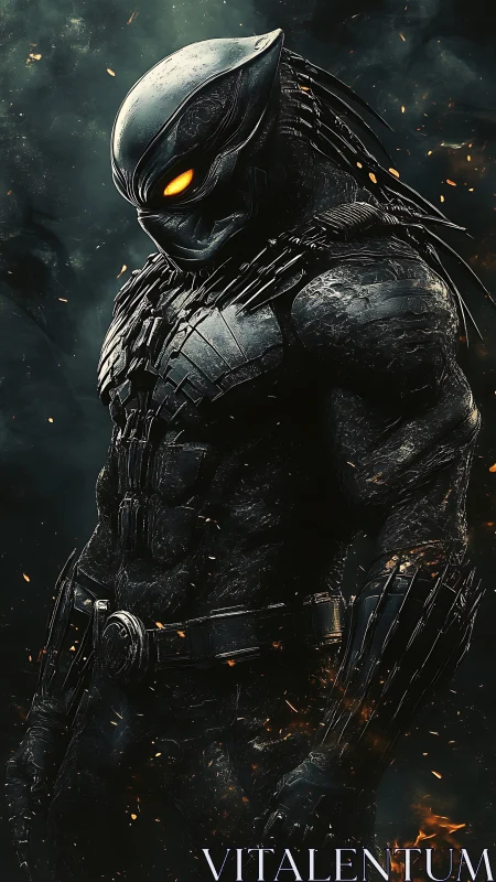 Armored alien warrior in dark smoky environment.