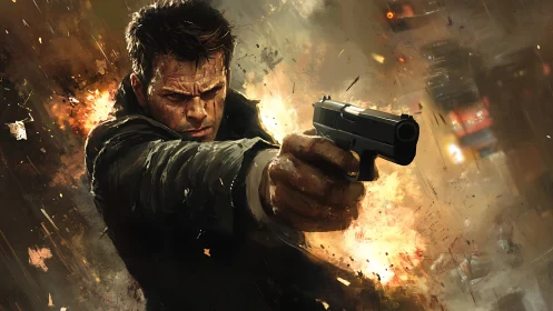 Action shooter lunges through explosion with handgun focus.