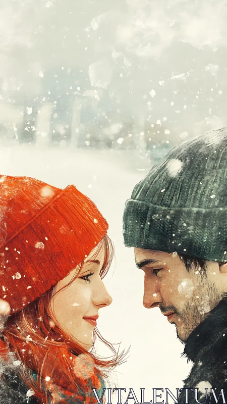 Winter Romance: Two Figures Converge in Snowfall with Urban Background