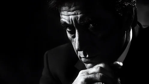 Intense low key portrait of man in dramatic shadows.