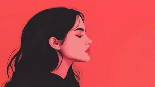 Profile portrait of woman against bold coral backdrop.