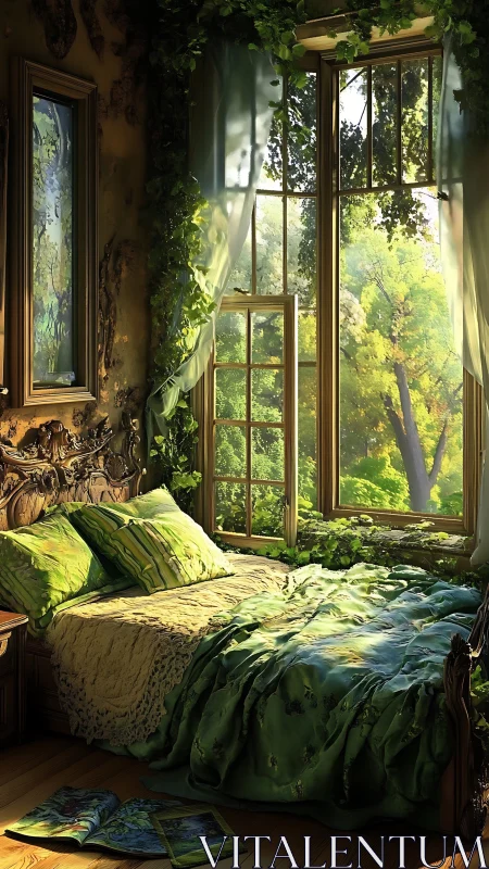 Sunlit ivy bedroom where the forest sneaks under the sheets.