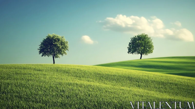 Serene twin trees stand over rolling sunlit green hills