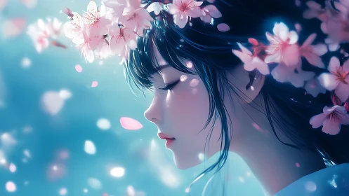 Serene profile girl with cherry blossoms drifting softly