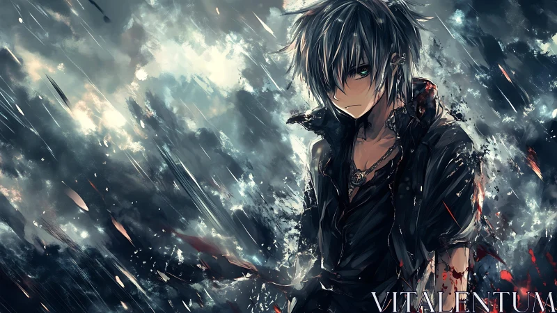 Brooding silver haired anime boy in storm of shattered light