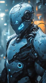Cyan-lit exoskeletal combat android with articulated alloy plating.