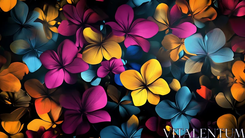 Layered 3D digital flowers with vibrant magenta, yellow, blue, and orange petals