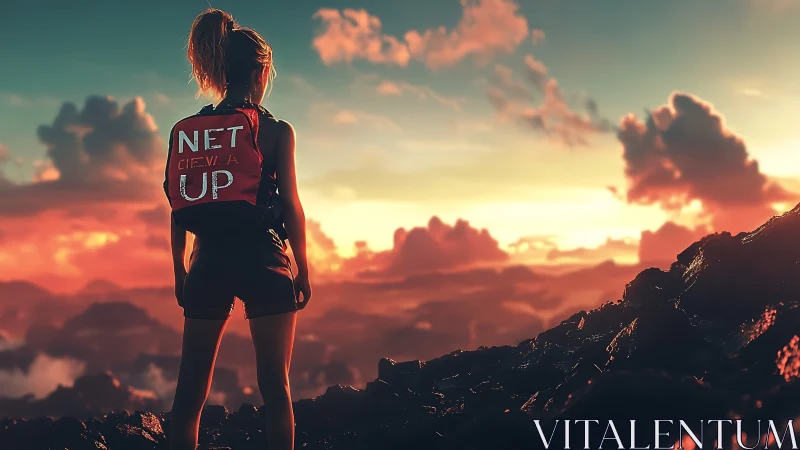 Adventurer watches a fiery mountain sunset sky in awe