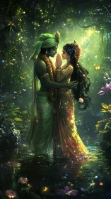 Divine lovers embrace under luminous enchanted forest light.