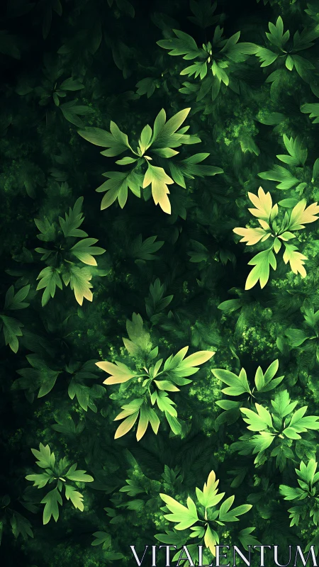 Layered digital foliage pattern with overlapping green leaves.