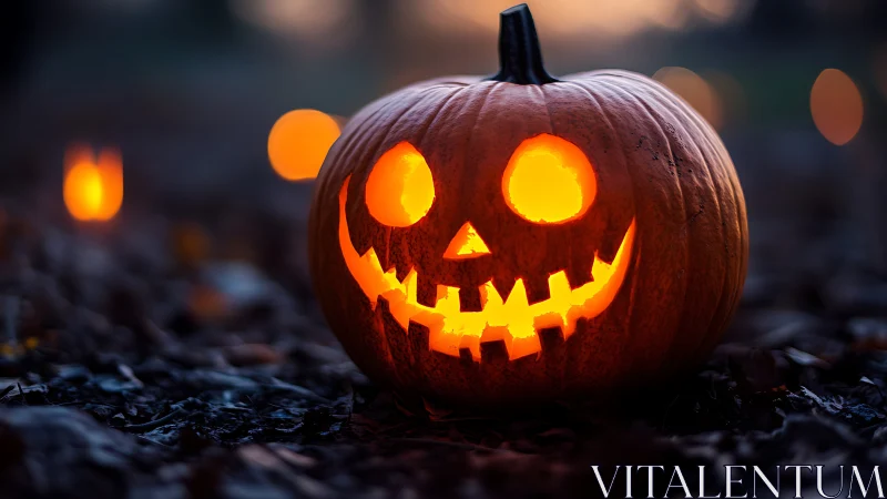 Carved jack-o’-lantern sits on ground and emits internal light