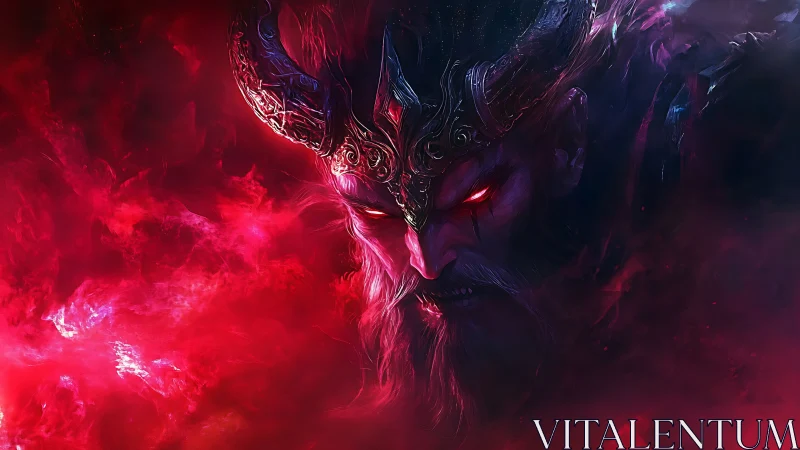 Crimson horned warlord drifting through swirling starlit smoke.