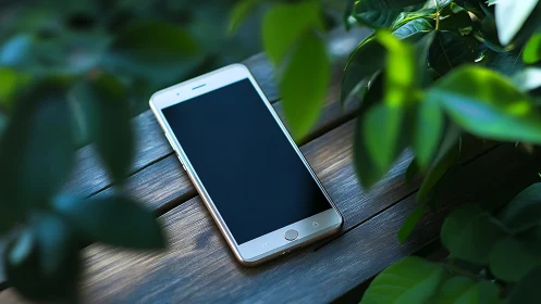 White smartphone rests on wooden surface surrounded by green leaves.