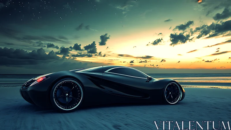 Streamlined black concept car on coastal beach at dusk.