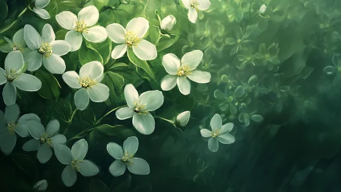 Delicate White Petals Among Verdant Foliage with Soft Golden Centers. Macro Study.