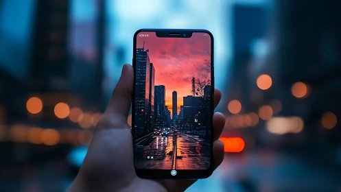 Smartphone framing urban sunset over wet city street.