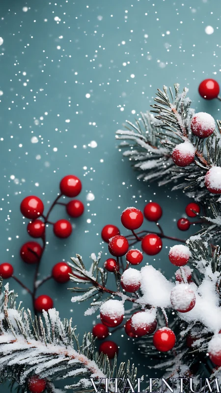 Snow covered red berries with frosted pine branches.