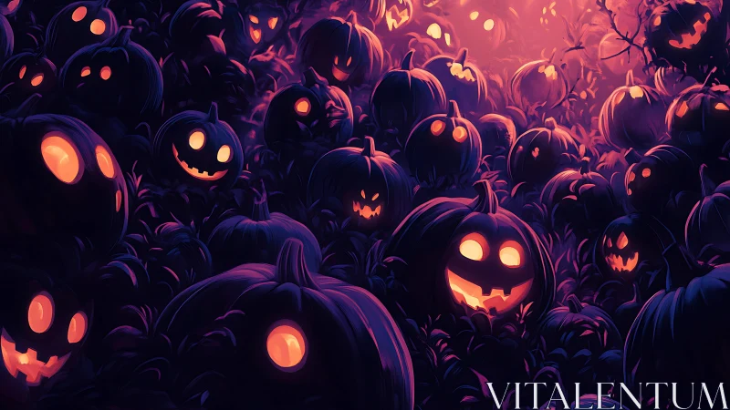 Glowing jack-o&rsquo;-lantern field under eerie violet twilight.