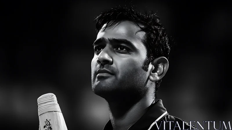 Monochrome close-up of cricket player with visible bat handle.