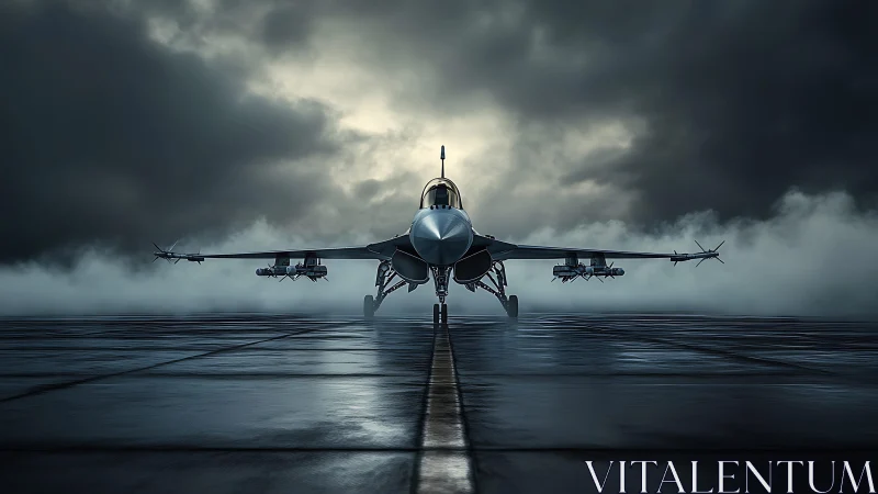 Low-angle frontal view of armed jet on wet runway under storm sky