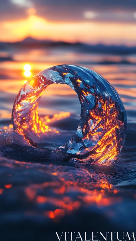 Curved translucent water form under sunset illumination.