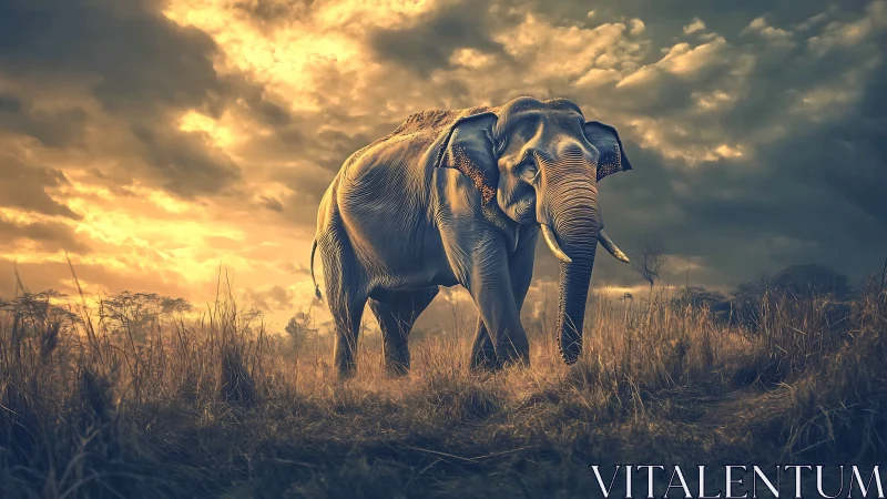 Backlit savanna elephant under volumetric storm sky field.