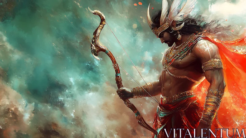 Mythic archer warrior in ornate armor against cloudy sky.