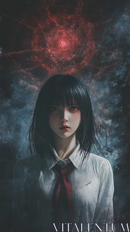 Quiet girl beneath a storm of crimson cosmic thoughts.