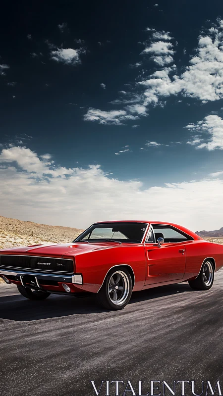 Crimson muscle car prowls desert highway under vast skies.