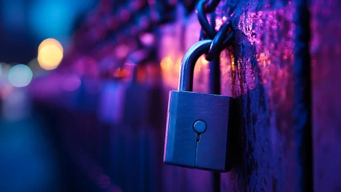 Metal padlock on chain in blue and purple city lights.