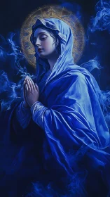 Veiled woman prays in blue robes before radiant golden halo