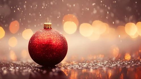 Red ornament rests on reflective wet surface under soft bokeh