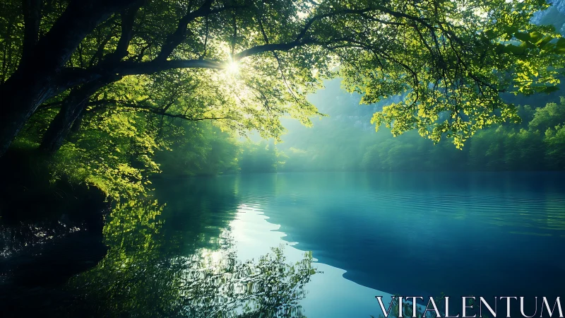 Sunlit forest lake shows calm water under overhanging trees