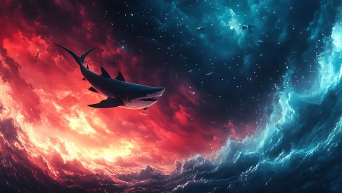 Cosmic shark drifts between red nebula surge and cyan vortex