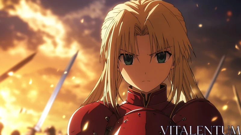 Armored anime warrior against blazing battlefield sunset.