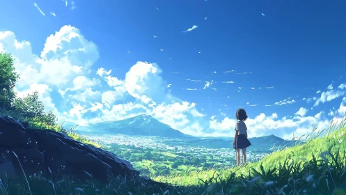 Anime hillside vista with expansive sky and distant townscape.