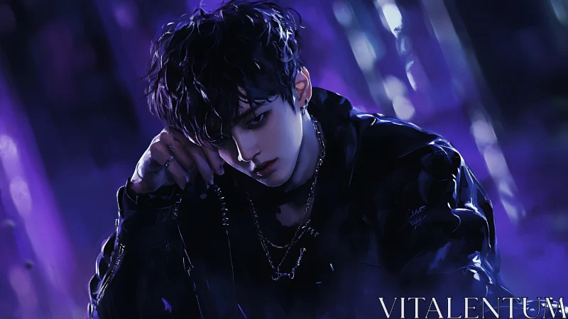 Male figure in dark jacket within purple urban lighting.