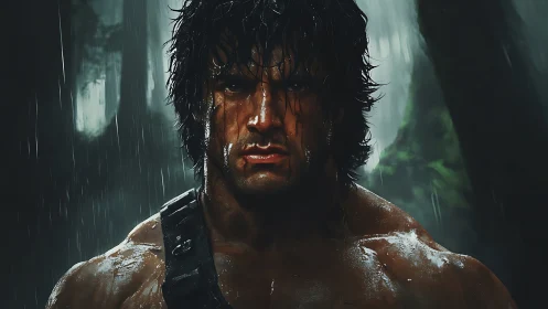 Battle-hardened warrior under torrential jungle rain.
