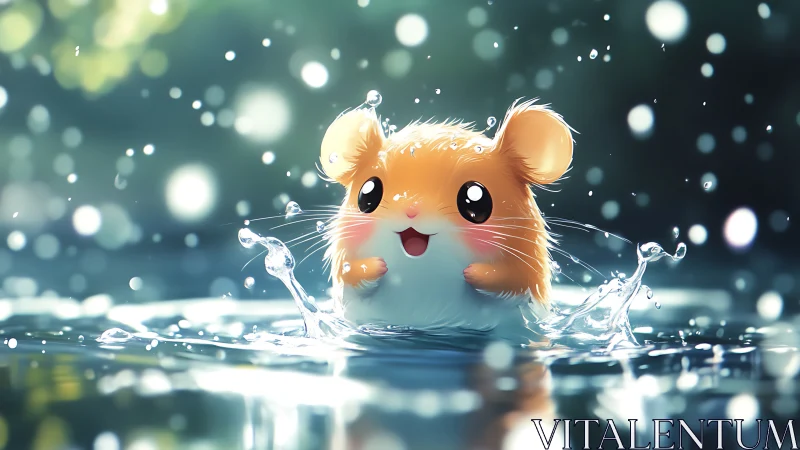 Cartoon hamster emerging from shallow reflective water surface.