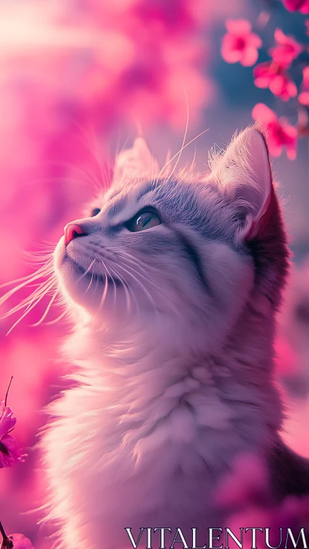 Fluffy White Cat Gazing Upward Among Pink Flowers