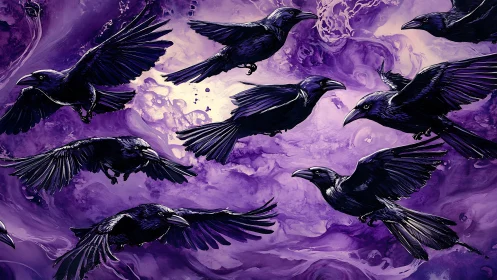 Midnight ravens gliding through swirling violet skies.