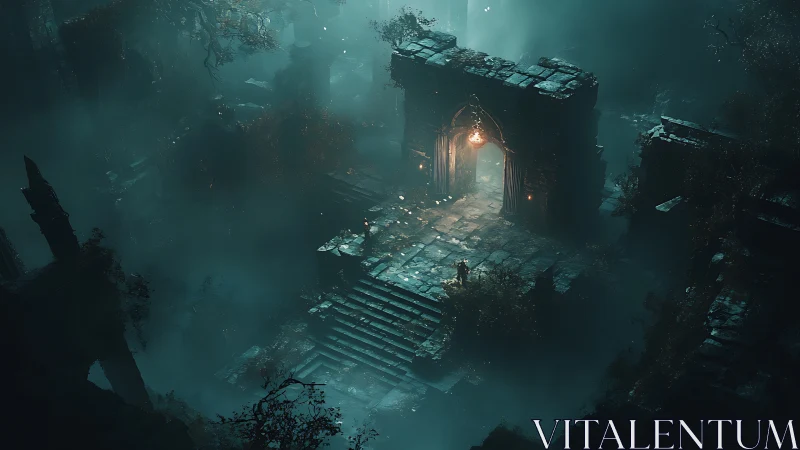 Fog-drenched ruin gate with volumetric light cascade.
