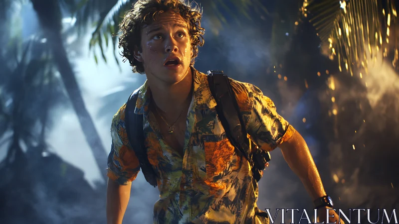 Tropical night explorer under cinematic backlit foliage glow.