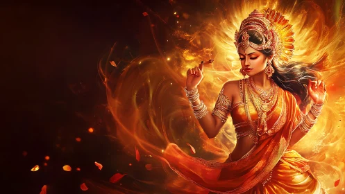 Radiant goddess figure dances within swirling volumetric fire halo