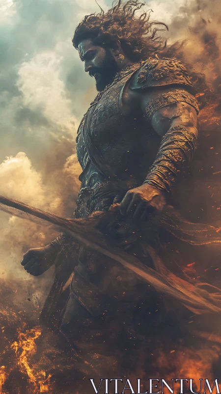 Storm-forged warrior strides through fire and rising smoke.