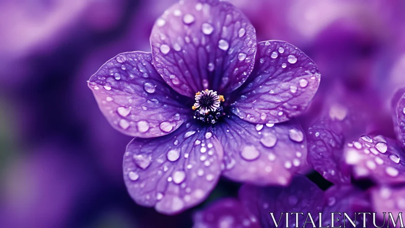 Purple Flower Petals Drenched Raindrops Macro Detail.