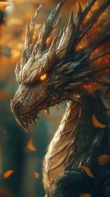 Fiery eyed dragon portrait in warm forest glow.