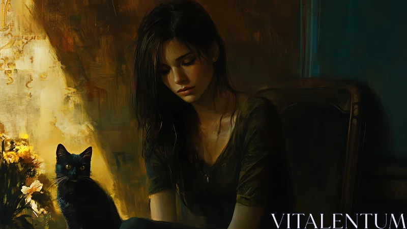 Melancholic woman with black cat in warm dim light.