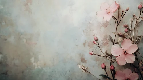 Delicate Pink Flowers on Textured Vintage Wall Background